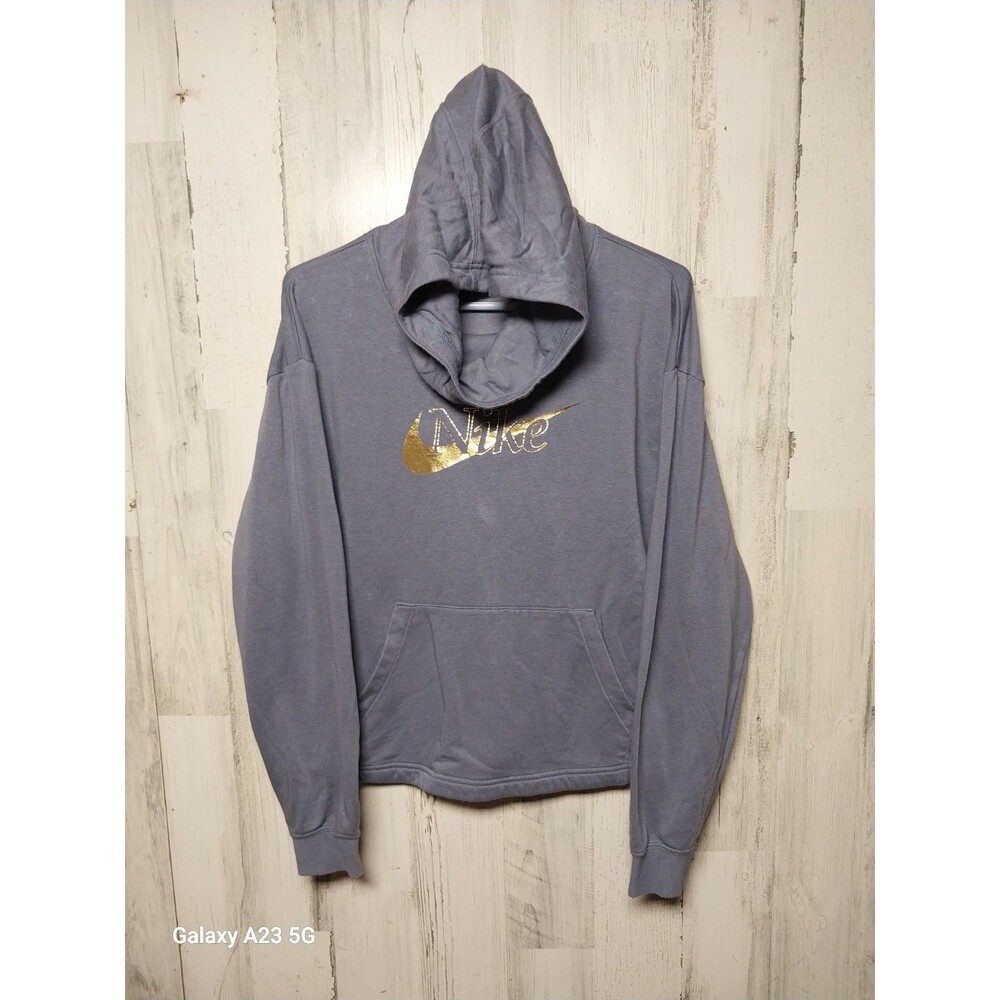 Nike Sportswear Blue Funnel Cowl Neck Hoodie Gold Logo Womens Sz Small Blue